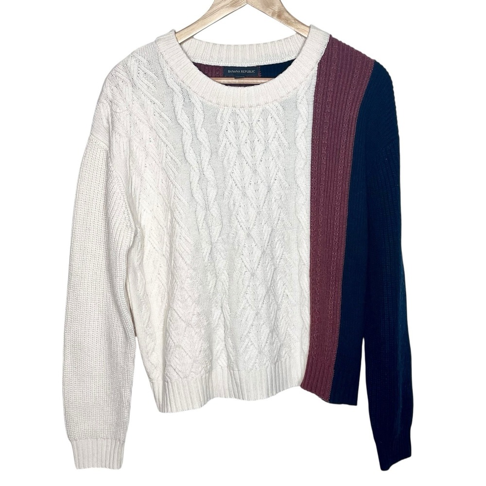 Banana Republic Cable Knit Colorblock Sweater Womens M Fisherman Preppy Heritage